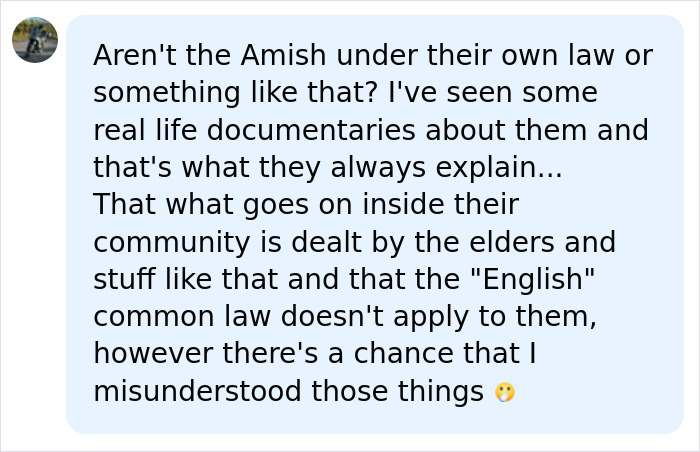 A text comment discusses whether Amish communities, like those with an Amish Healer, operate under their own laws.