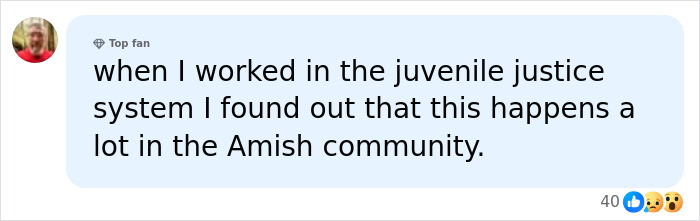A social media comment states 'disturbing incidents happen often in the Amish community'. Connects to Amish Healer charges.