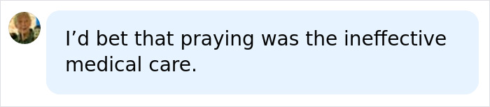 A chat bubble shows a comment about praying being ineffective medical care, relating to an Amish healer arrested for charges.
