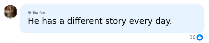 A social media comment reading "He has a different story every day," relating to the FedEx driver and Athena Strand's life.