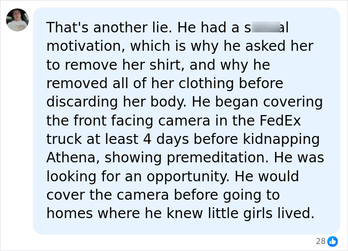 A text box with a comment on the FedEx driver, detailing premeditation in Athena Strand's life being taken.