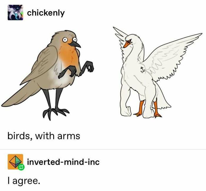 Cartoon illustration of birds with human arms, a creative drawing by Tumblr artists that made the internet better.