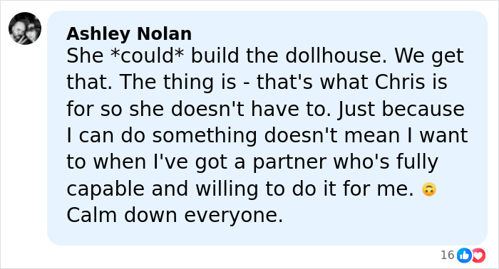 Commenter responding to Katherine Schwarzenegger nepo baby backlash, defending husband Chris Pratt&rsquo;s role in household tasks.