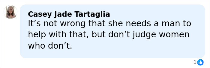 Comment by Casey Jade Tartaglia discussing women and men, related to Nepo Baby backlash involving Katherine Schwarzenegger and Chris Pratt.