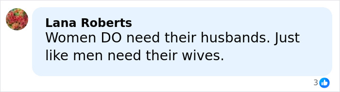 Comment by Lana Roberts discussing traditional views on husbands and wives in an online social media post about Nepo Baby Katherine Schwarzenegger.