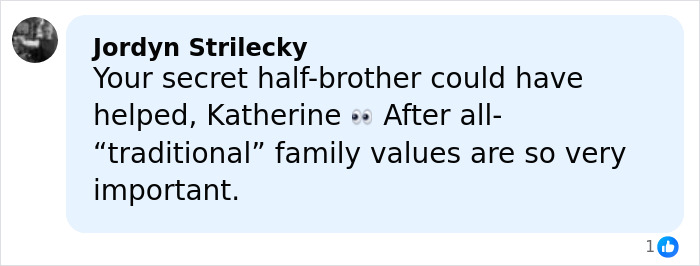 Screenshot of a social media comment criticizing Katherine Schwarzenegger, mentioning nepo baby and family values.
