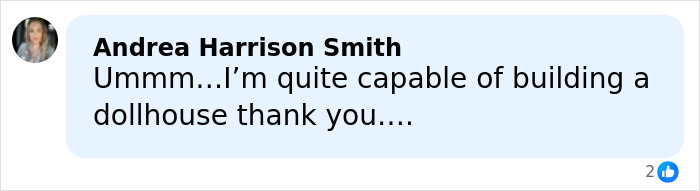 Comment by Andrea Harrison Smith in a social media post discussing building a dollhouse, related to Nepo Baby Katherine Schwarzenegger.