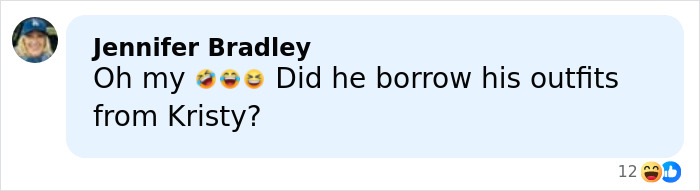 Comment by Jennifer Bradley reacting humorously to Kristi Noem&rsquo;s husband in a social media conversation thread.