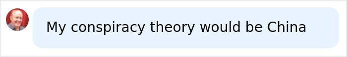 Person in a red shirt sharing a conspiracy theory about China in a blue speech bubble with blurred background.