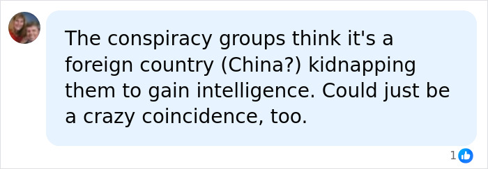 Comment discussing conspiracy theories about the string of missing or deceased scientists and possible foreign involvement.