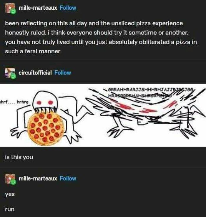 Tumblr artist comic depicting a monster aggressively eating an unsliced pizza in a playful internet art style.