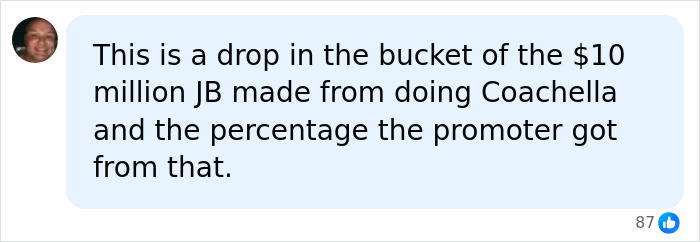 User comment about the Coachella fine and Justin Bieber&rsquo;s earnings from the festival in a social media chat bubble.
