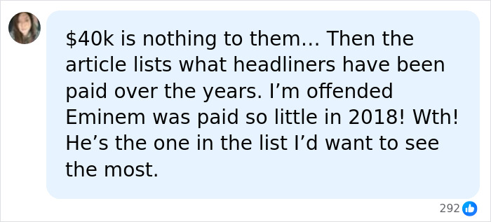 Comment discussing Coachella receiving a massive fine after Justin Bieber's set broke festival rules.