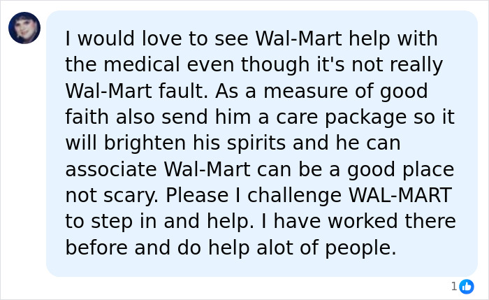 Comment expressing support for Walmart to help after police fatally take down woman attacking toddler with knife.
