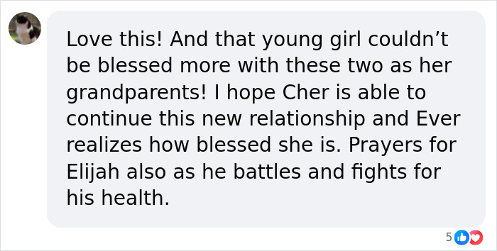 Comment expressing hope Cher embraces new relationship with secret granddaughter from son's past romance and prayers for Elijah's health.