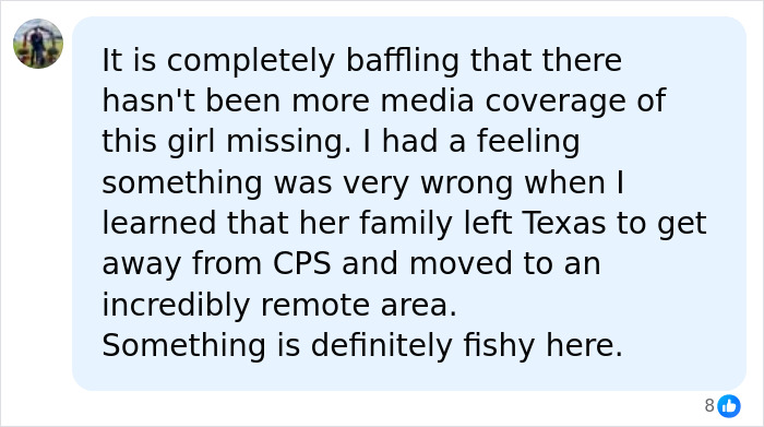 Screenshot of a social media comment discussing a 13-year-old missing from a family yurt in rural Maine.