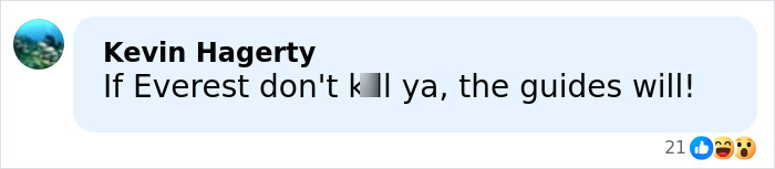 Screenshot of a social media comment mentioning Everest guides in a discussion about spiking climbers' food scam.