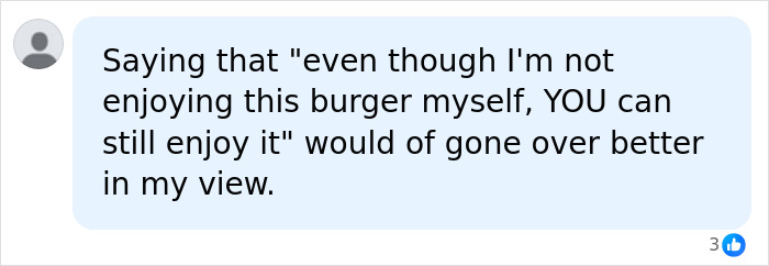 Text comment about enjoying a burger, related to McDonald&rsquo;s CEO&rsquo;s viral Big Arch Burger reaction discussion.