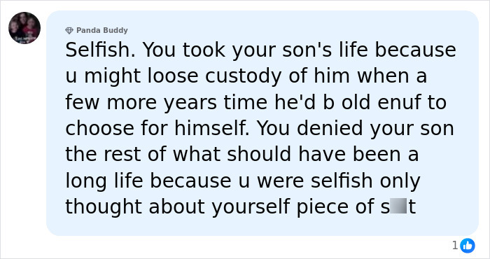 A tweet by Panda Buddy describing the troubling past of the dad who ended his son's life, highlighting selfishness.