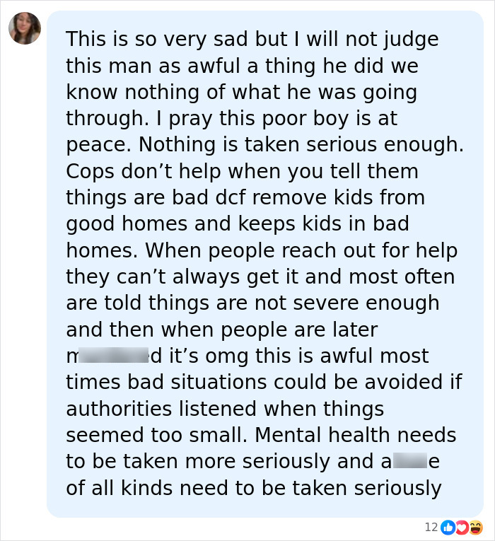 A Facebook comment discussing the troubling past of a dad who ended his son's life, urging mental health support.