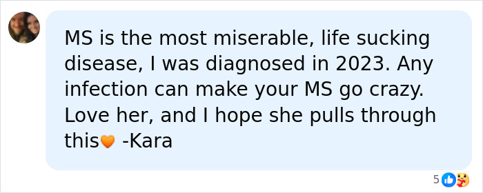 Comment expressing concern about Christina Applegate&rsquo;s hospitalization and the impact of her MS diagnosis in 2023.