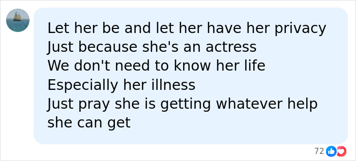 Text message on a light blue background expressing support and privacy for Christina Applegate amid hospitalization concerns.