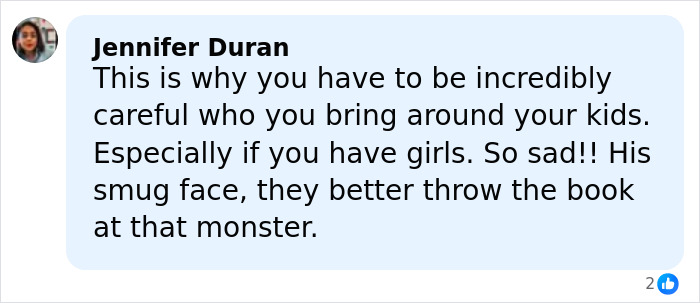 User comment warning about being careful with kids, mentioning a teacher allegedly building relationship with mom for sinister reason.