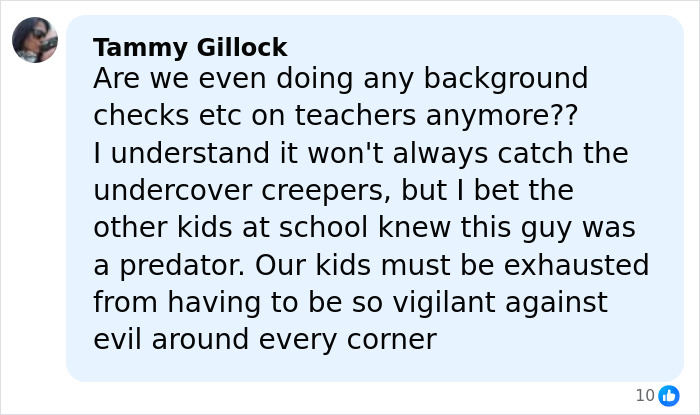 Comment from Tammy Gillock questioning teacher background checks amid concerns over predator behavior affecting kids and parent vigilance.