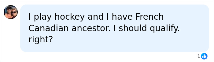 A user comment asking about qualifying for Canadian citizenship due to hockey and French-Canadian ancestry.