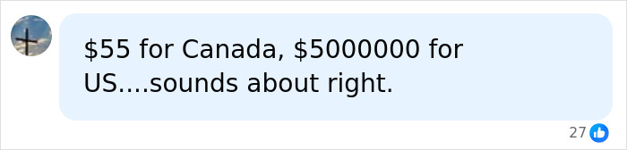 A social media comment contrasting $55 for Canadian citizenship with $5,000,000 for US citizenship, generating online discussion.