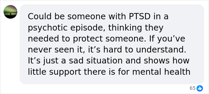 Comment discussing a possible PTSD psychotic episode and the lack of mental health support related to Fairfield intruder case.