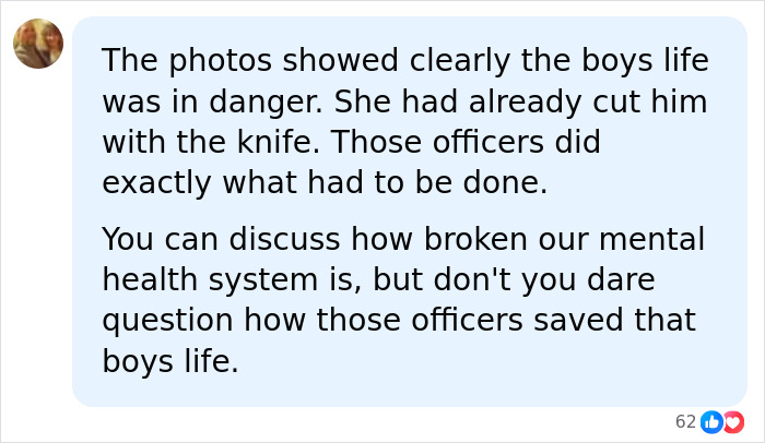 Screenshot of a social media comment discussing police action in fatally taking down woman attacking toddler with knife at Walmart.