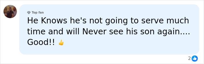 A social media comment from a 'Top fan' about the FedEx Driver, implying he won't serve much time or see his son.
