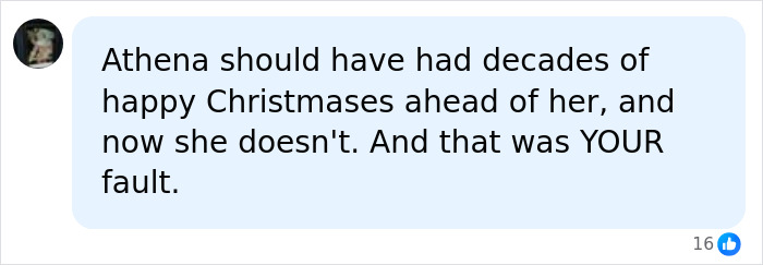 A social media comment criticizing the FedEx driver who slew Athena Strand, stating, "Athena should have had decades of happy Christmases."