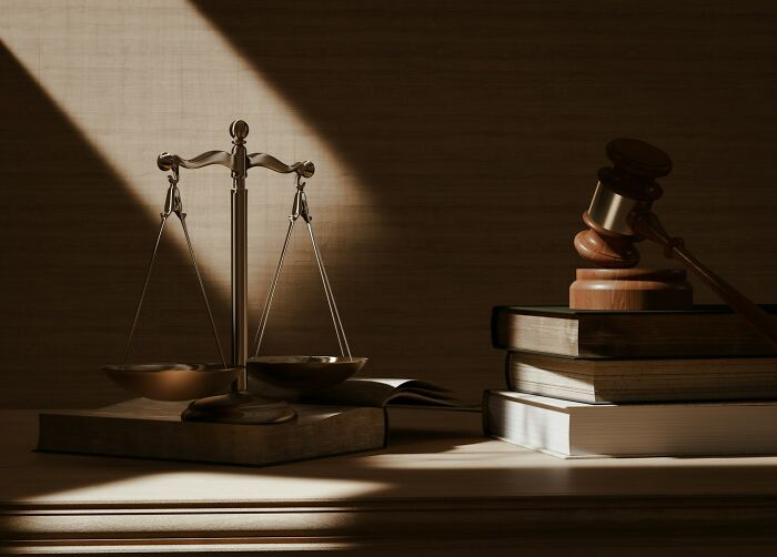 Scales of justice and wooden gavel on stacked books in warm light, representing jobs AI can’t touch in legal fields.