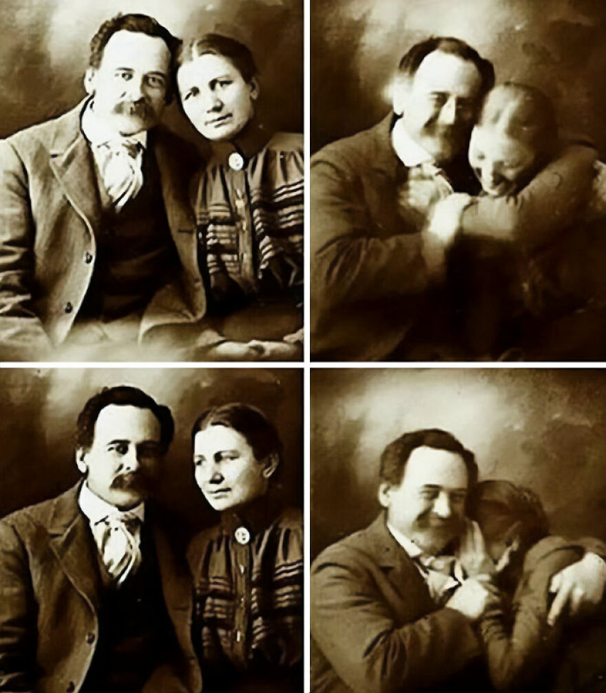 Four sepia-toned historical photos showing a couple posing formally and then embracing playfully, teaching about history.