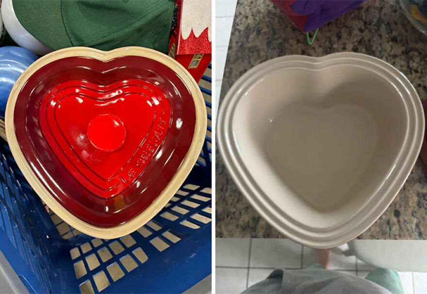 A Le Creuset heart-shaped baking dish found in the Goodwill bins. One is red and the other is off-white.