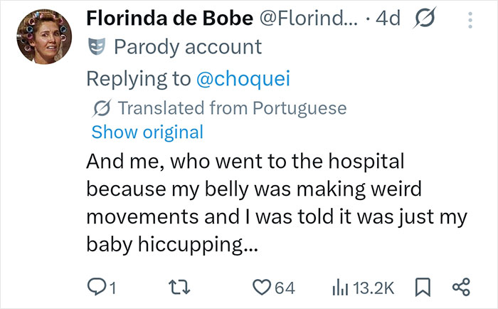 Tweet from a parody account describing hospital visit and baby hiccupping, related to pregnant doctor and baby pee womb video.