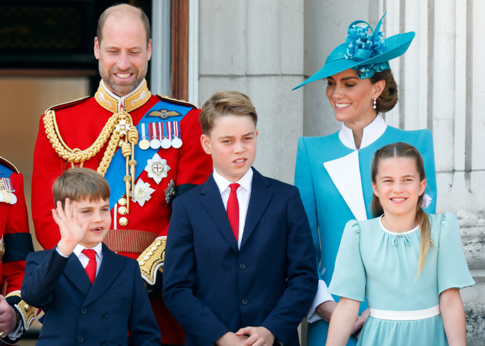 Prince Louis, Prince George, Princess Charlotte, Prince William, and Kate Middleton smile on a balcony, a remarkable family comparison.
