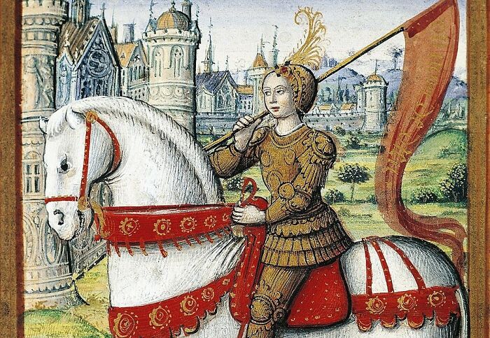 Medieval knight riding a white horse in an ornate cityscape, evoking mysterious stories from psychic session encounters.
