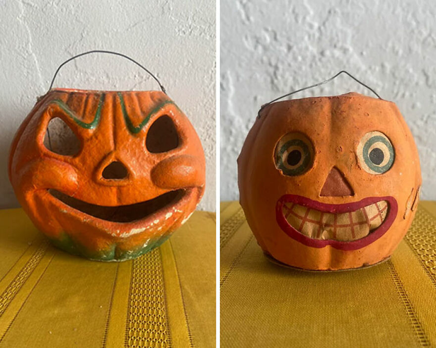 Two vintage paper mache Halloween jack-o'-lanterns, one with cutout features and the other with painted eyes and a grin, are examples of things found in the Goodwill bins.