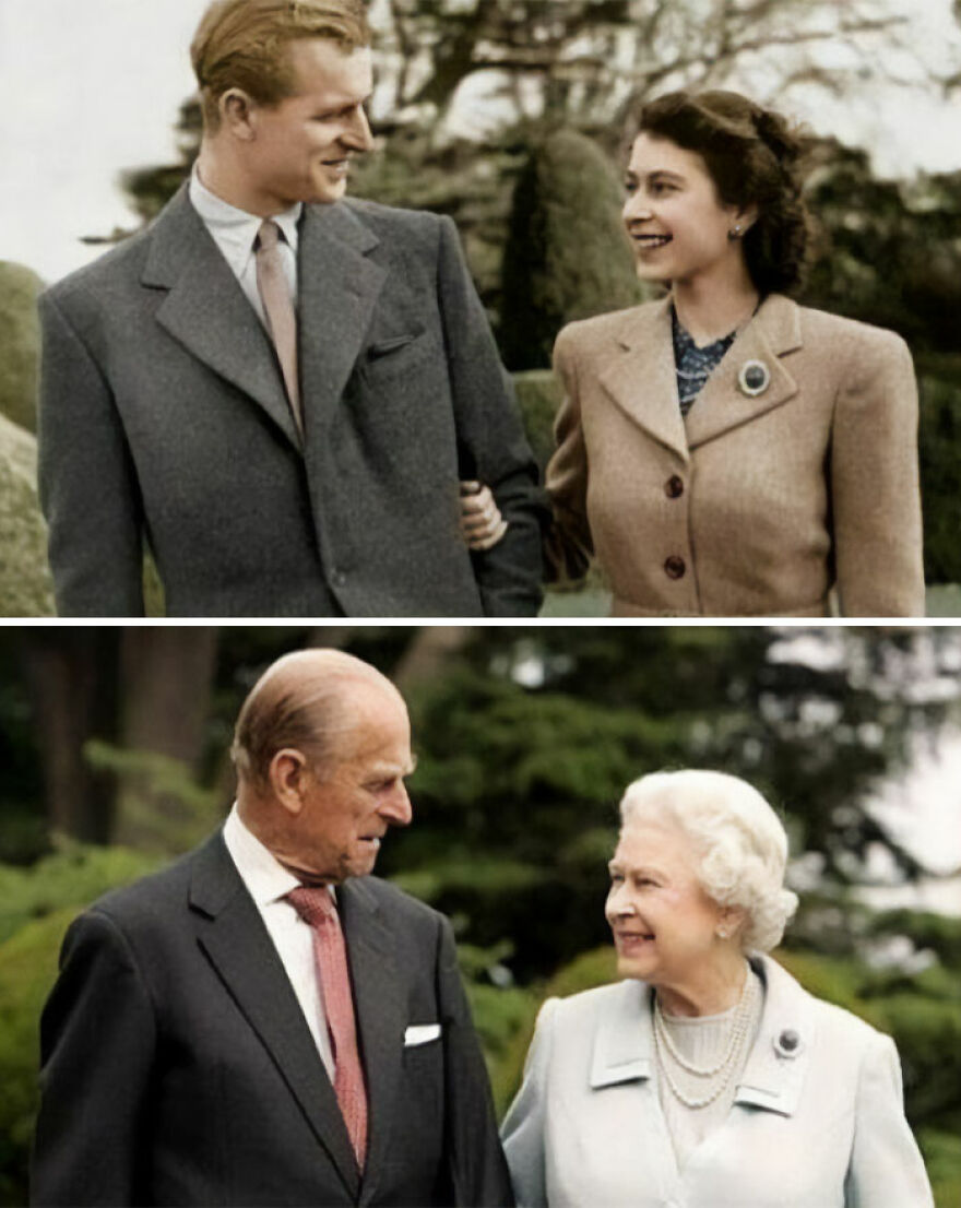 Two photos of Queen Elizabeth and Prince Philip, young and older, showcasing fascinating history.