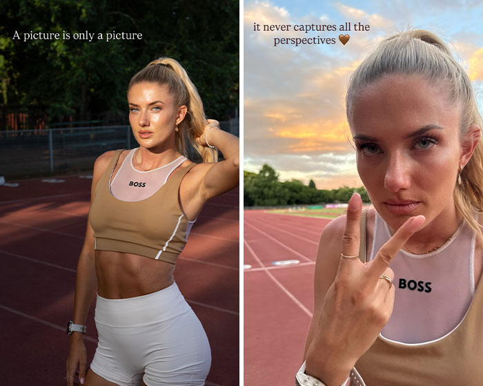 Alica Schmidt, a atleta mais sexy do mundo, posando em uma pista de corrida em traje esportivo durante a hora dourada e o pôr do sol. Alica Schmidt, a atleta mais sexy do mundo, posando em uma pista de corrida em traje esportivo durante a hora dourada e o pôr do sol.