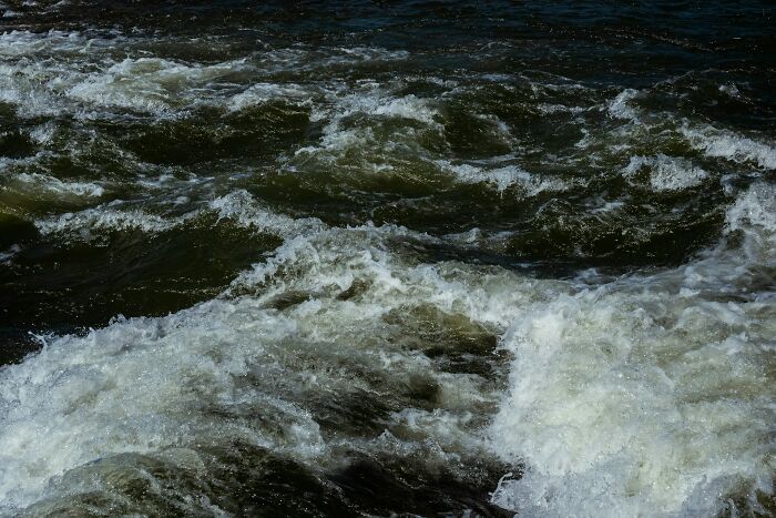 Rough river water flowing rapidly, illustrating childhood moments lacking survival instincts and risky decisions.
