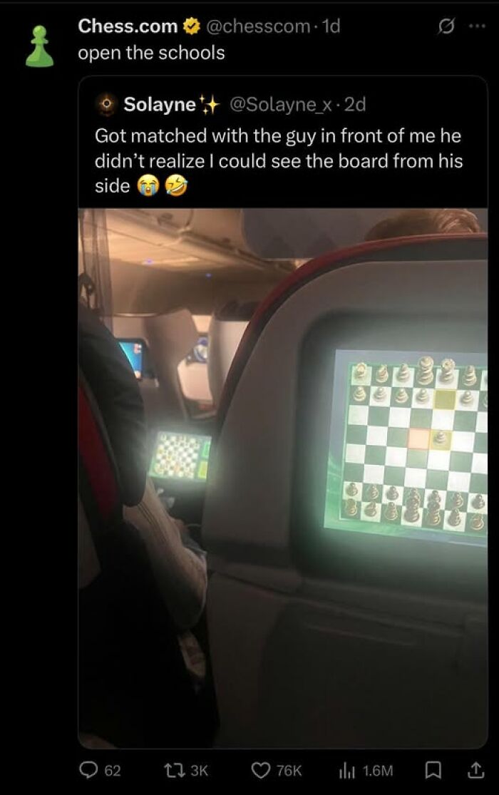 Tweet about a funny chess game on a plane screen, perfect for fans of funny tweets for a good laugh.
