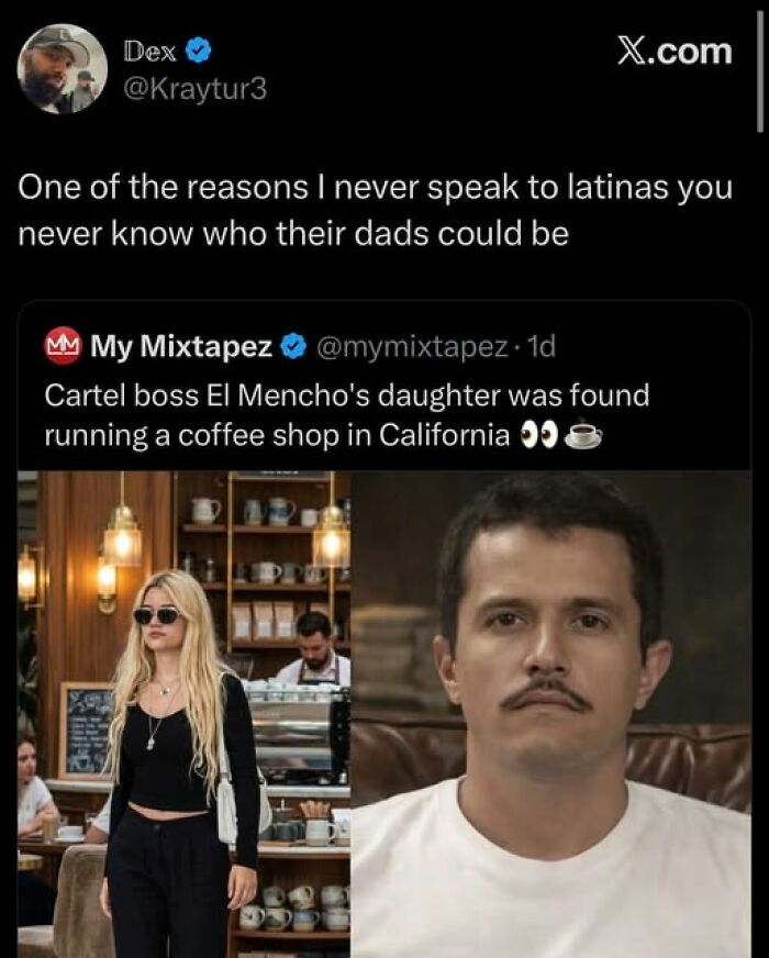 Screenshot of a funny tweet about cartel boss El Mencho's daughter running a coffee shop, featured in tweets for a good laugh.