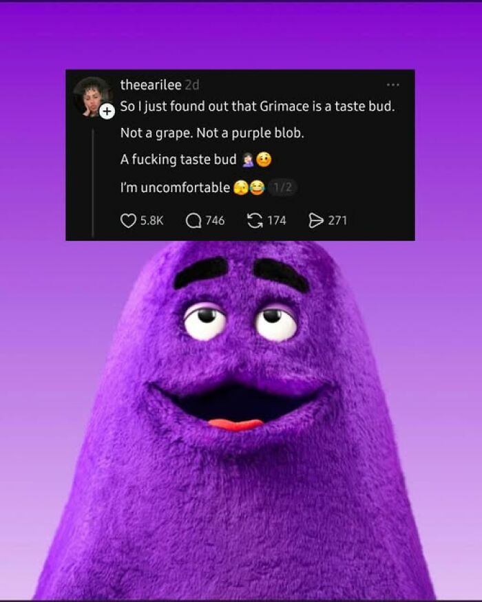 Funny tweet about Grimace being a taste bud overlaid on an image of a smiling purple character on a gradient background.
