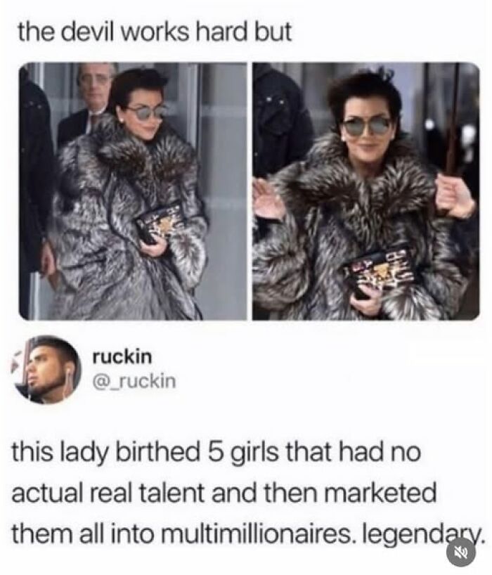 Woman in a fur coat and sunglasses with a humorous tweet about marketing talent into multimillionaires for funny tweets.