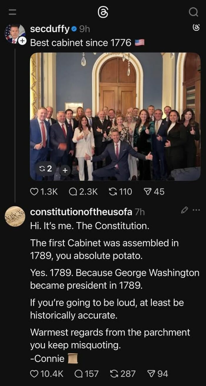Screenshot of a funny tweet exchange about the historical accuracy of the first cabinet in a political setting.