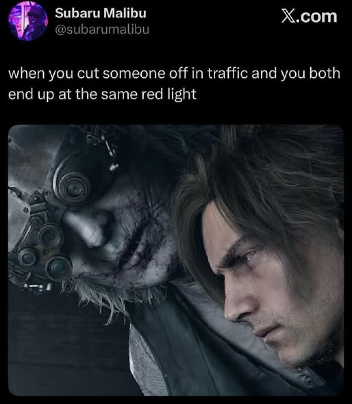 Funny tweet about cutting someone off in traffic, paired with an intense face-off scene from a video game.